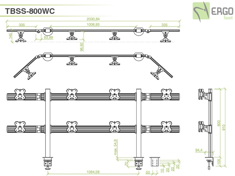 ErgoFount TBSS-800WC Настольное крепление для 8 мониторов диагональю до 24'' конфигурации 2х4 с зажимом к столу типа "С". Цвет - серебристый