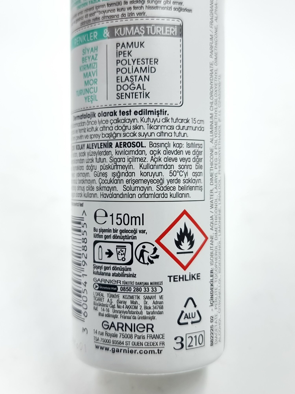 Garnier Mineral Антиперспирант-спрей женский, белое/черное/цветное, 48 часов,150 мл (Франция)