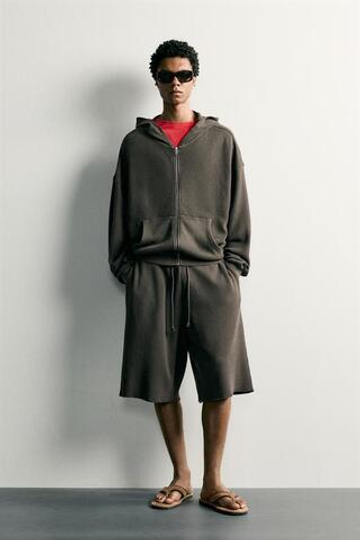 ZARA ХУДИ НА МОЛНИИ С ВАФЕЛЬНОЙ ФАКТУРОЙ, СЕРЫЙ