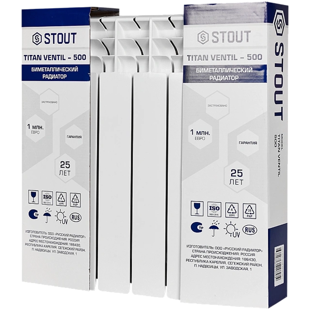 Радиатор биметаллический STOUT TITAN VENTIL 500 - 6 секций (подключение нижнее правое, цвет белый)