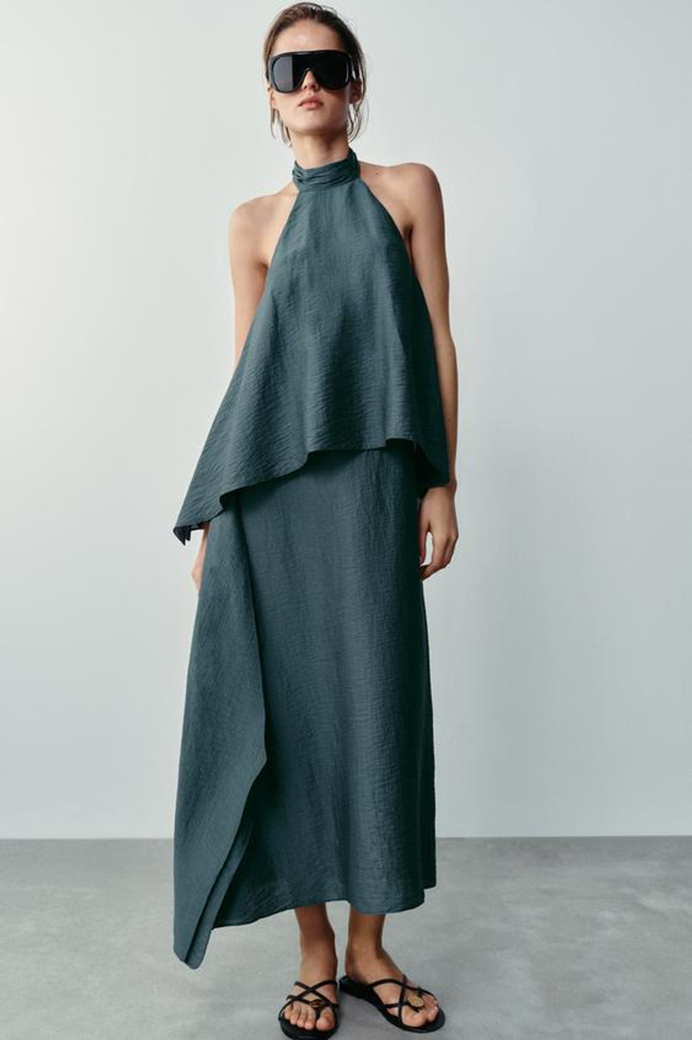 ZARA ЛЬНЯНОЕ ПЛАТЬЕ МИДИ С ГОРЛОВИНОЙ ХАЛТЕР, СВИНЦОВЫЙ