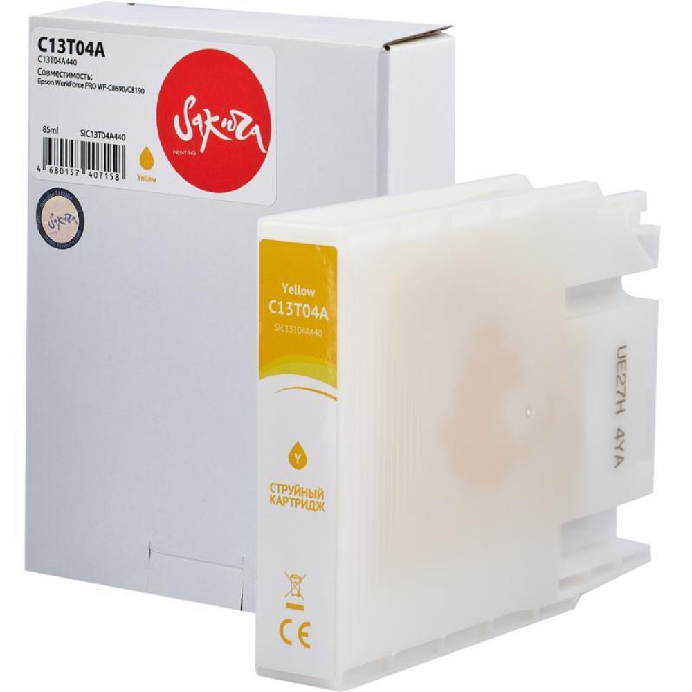 Картридж Sakura, аналог Epson C13T04A440 (C13T04A Y) для WorkForce PRO WF-C8690/C8190, желтый, 85 мл., 8000 к.