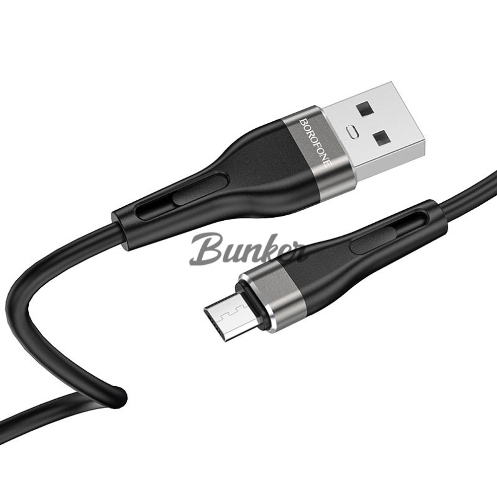Кабель USB-micro-USB Borofone BX46,черный металл штекер,1м,круглый черный силикон,2.4А