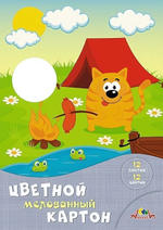 Картон цветной А4 12л,12цв "Кот на пикнике" мелованный в папке (Апплика)