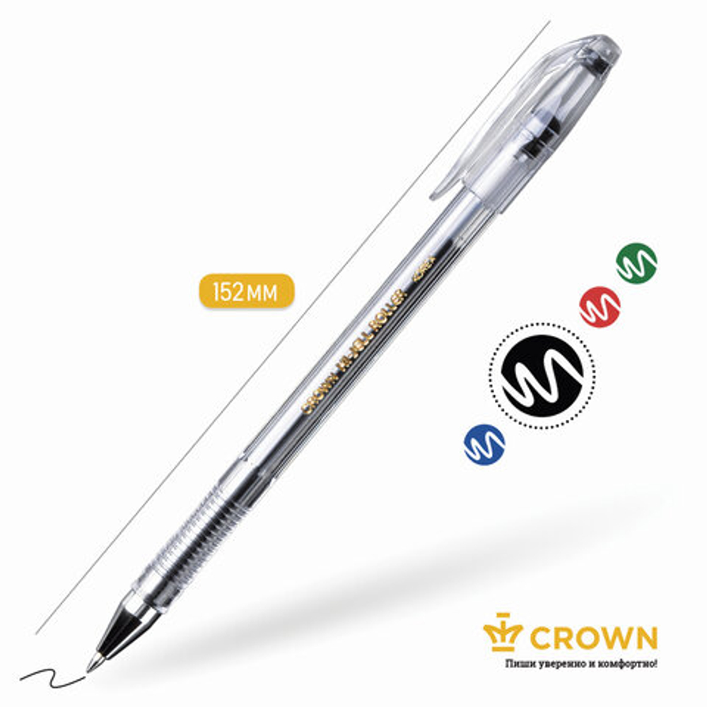 Ручка гелевая CROWN "Hi-Jell", ЧЕРНАЯ, корпус прозр., узел 0,5мм, линия 0,35мм, HJR-500B, ш/к 05696