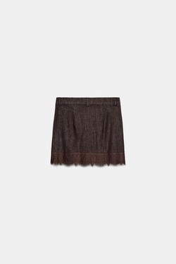 ZARA КОМБИНИРОВАННАЯ ЮБКА-ШОРТЫ С КРУЖЕВОМ, КОРИЧНЕВЫЙ