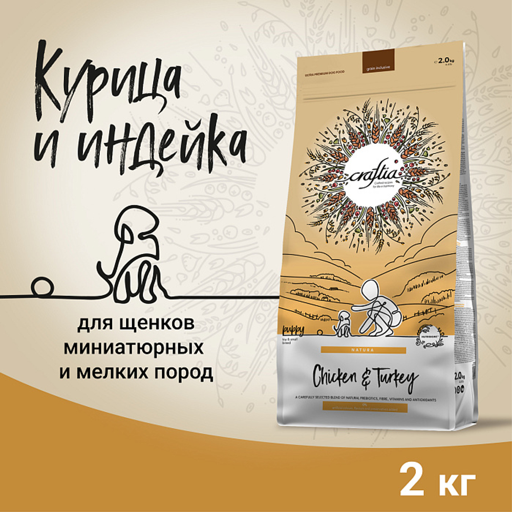 Сухой корм CRAFTIA NATURA для щенков миниатюрных и мелких пород из курицы и индейки 2 кг