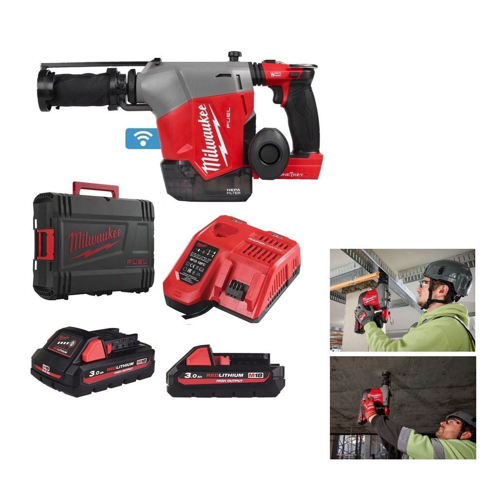 ВЫГОДНЫЙ МИКС! Комплект MILWAUKEE: Аккумуляторный перфоратор M18 FUEL FHAFOH16-302Х с 2 аккумуляторами и зарядным устройством, 10 шт. Буры SDS+ MX4 5x165 мм, Очки защитные затемненные, Молоток 0,45 кг, Пояс плотника разгрузочный с подтяжками N0143-5AM