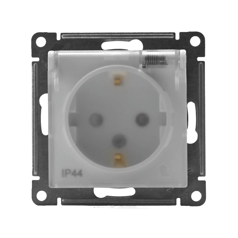 ATLASDESIGN AQUA РОЗЕТКА с заземлением со шторками, с прозрач. крышкой 16А, IP44, механизм, БЕЛЫЙ