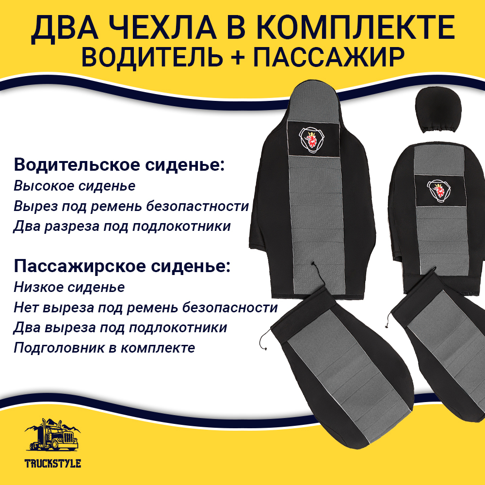 Чехлы SCANIA: 6 серия высокое/низкое сиденье (полиэфир, черный, серая вставка)