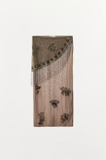 ZARA ЮБКА ПАРЕО С БУСИНАМИ И БАХРОМОЙ, РОЗОВАТЫЙ