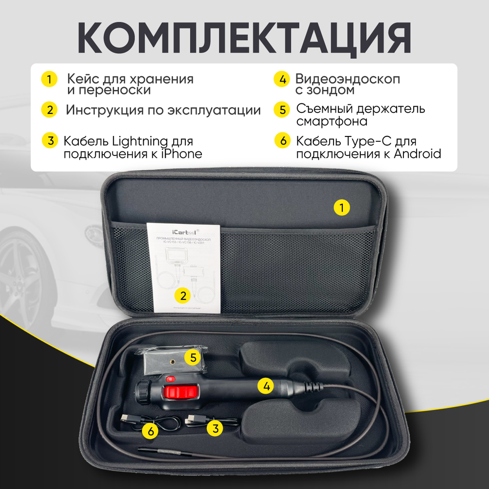 Видеоэндоскоп управляемый USB, 2Мп, 1920x1080, 1.5м, 5.5мм, 360° iCartool IC-V201