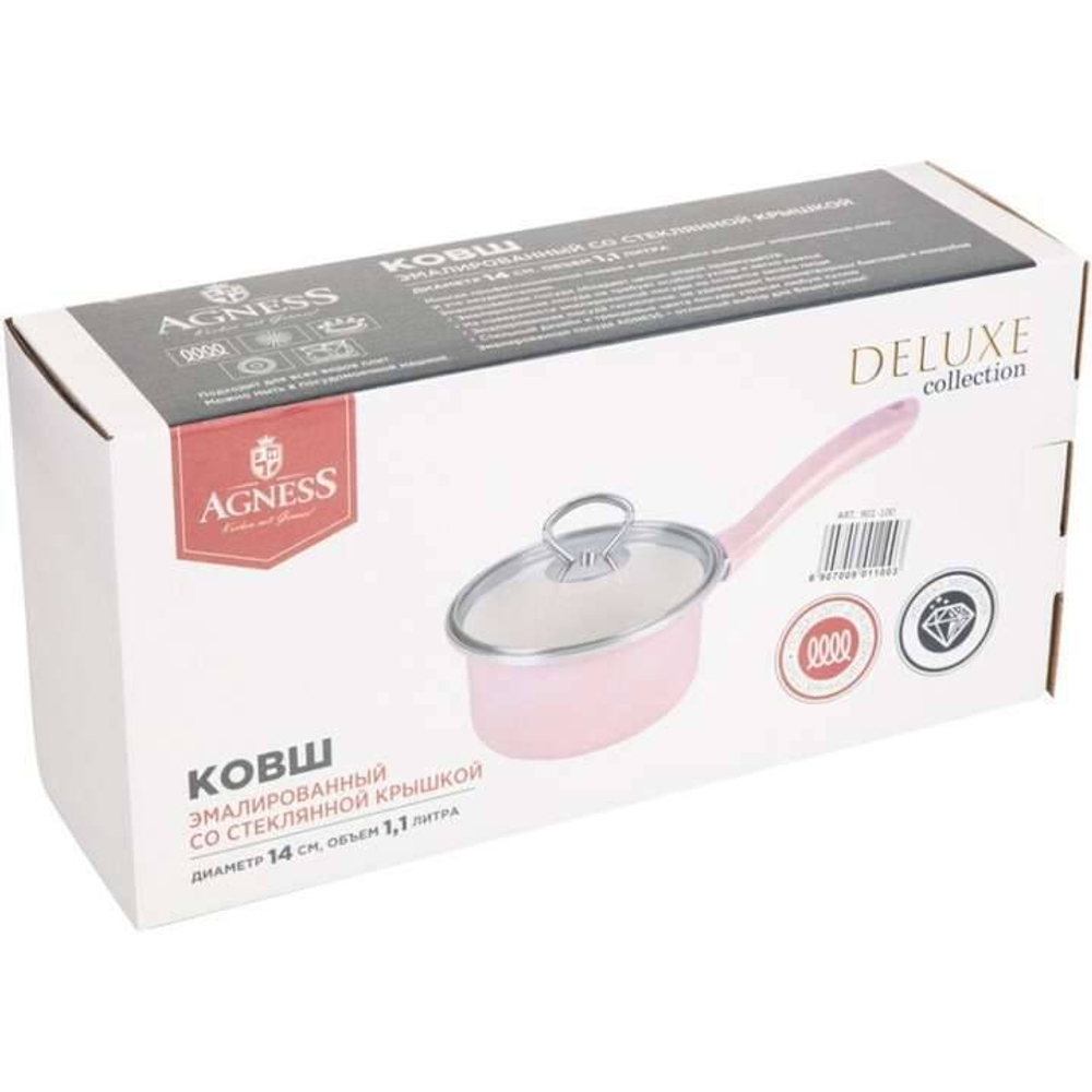 Ковш эмаль Deluxe со стеклянной крышкой, розовый 1,1л 901-100 1003