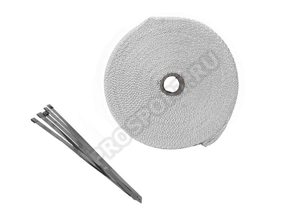 Термолента для глушителя белая 1mm*50mm*10m, с 5 хомутами, стекловолокно (в блистере)