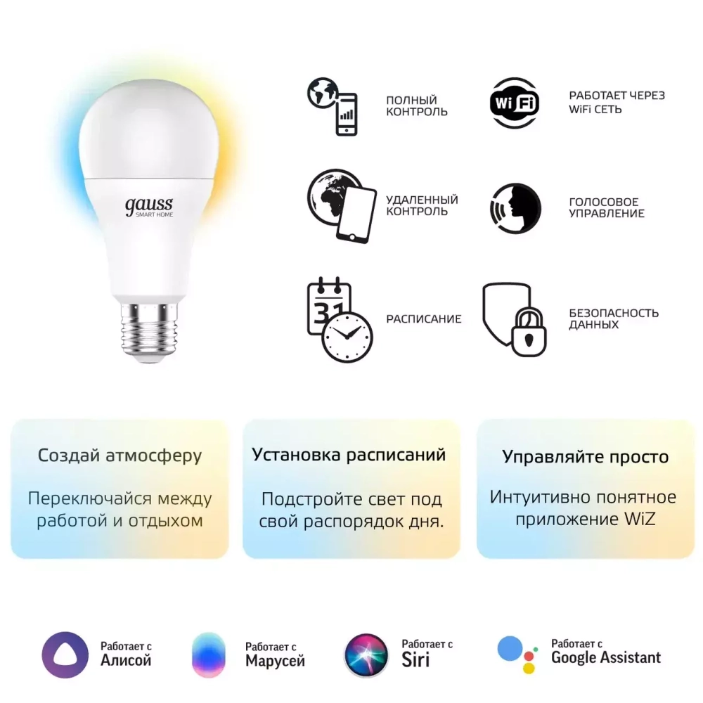 Лампа Gauss Smart Home A60 10W 1055lm 2700-6500К E27 изм.цвет.темп.+диммирование LED 1080112