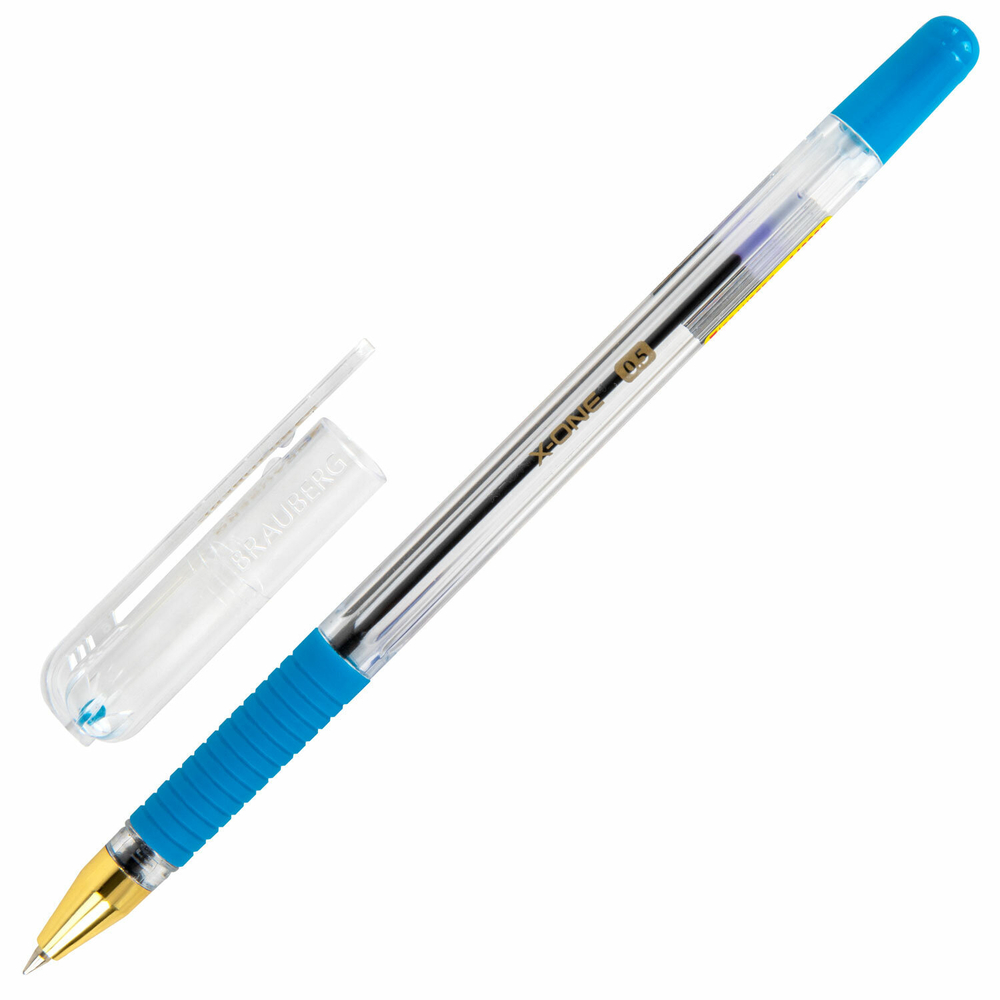 Ручка шариковая с грипом BRAUBERG "X-ONE", СИНЯЯ, корпус прозрачный, узел 0,5 мм, линия письма 0,35 мм