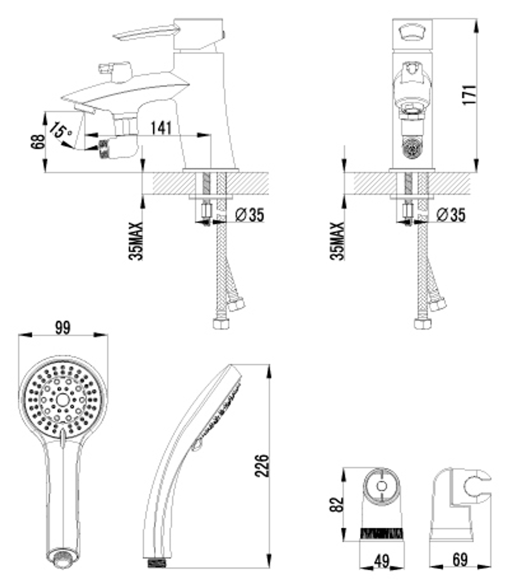 Смеситель на борт ванны с монолитным изливом LEMARK ANTLANTISS – LM3215C