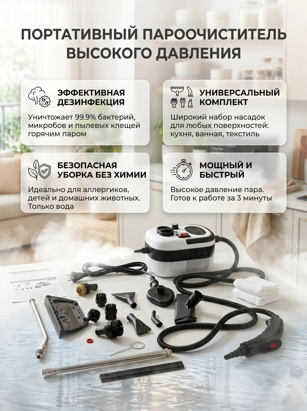 Пароочиститель для уборки, насадки - 15 шт