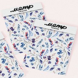 Ткань кулирная гладь листья с голубикой