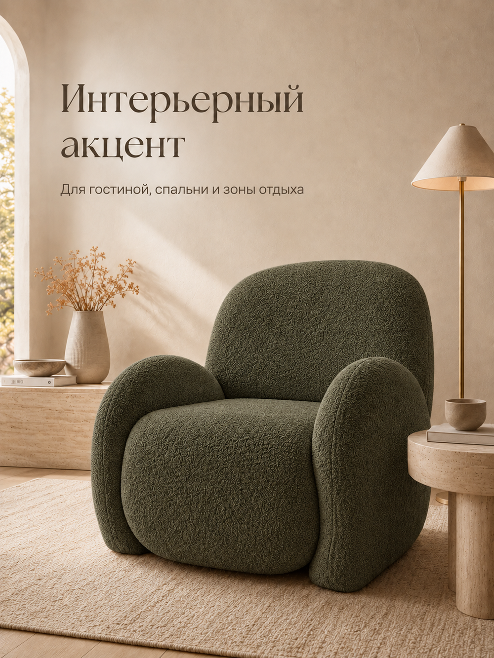 Кресло интерьерное для отдыха Фантазёр Nubo, мягкое широкое, букле L-10, темно-зеленое