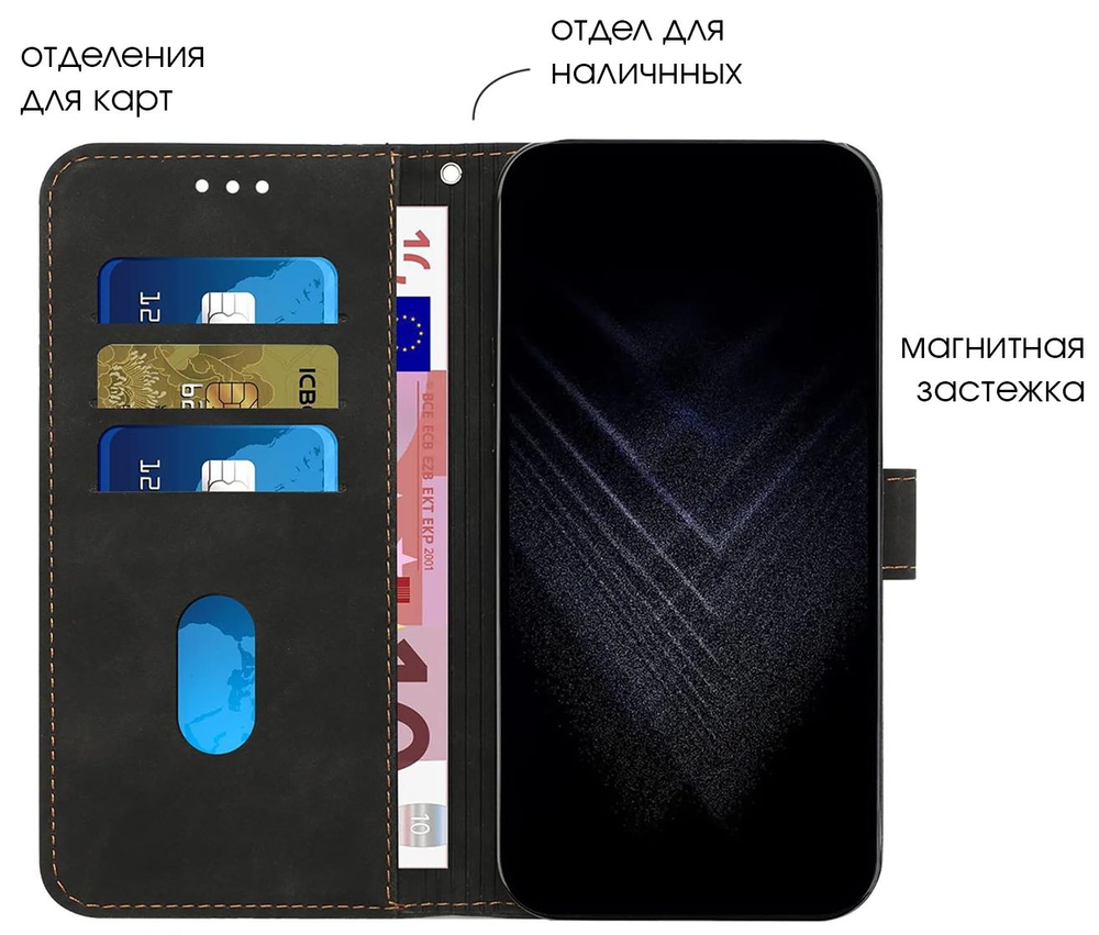 Кожаный чехол-книжка для REALME 9 PRO+ и 9 4G (3521) с отделом для наличных, 3 слотами для карт и подставкой