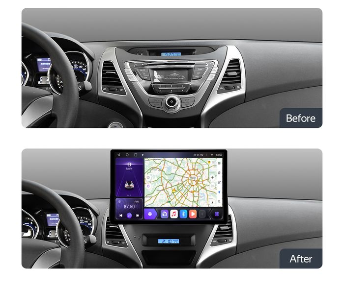 Магнитола для Hyundai Elantra 5 MD 2014-2016 рестайлинг (перенос БК вниз) - Kuberg LUX-ELAN13-F1301-S10 монитор 13" 2K QLED на Android 12, Быстрая, CarPlay, 4G SIM-слот