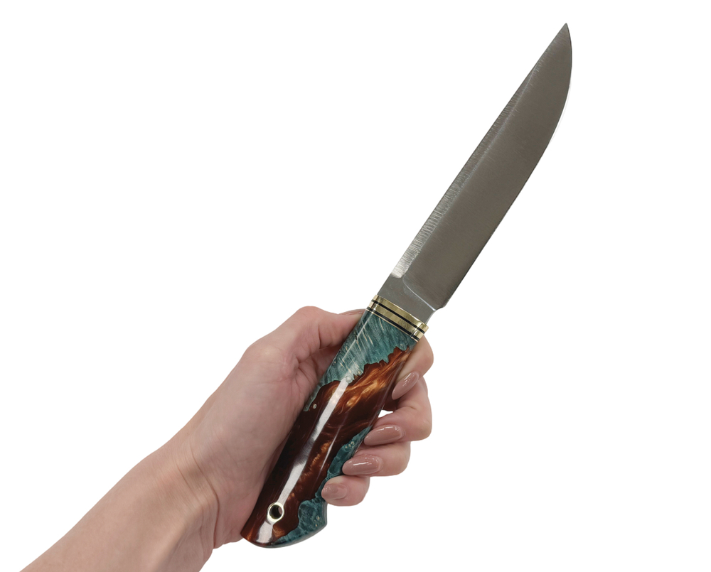 Авторский нож Сибиряк, Bohler K340, рукоять кап клёна, акрил, бирюзовый