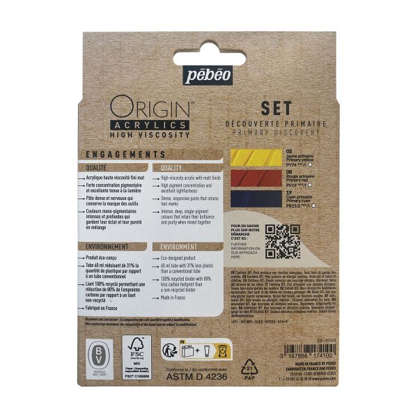 Краска акриловая Primary Discovery Set матовая 3 цв. по 60 мл, Pebeo, 817410