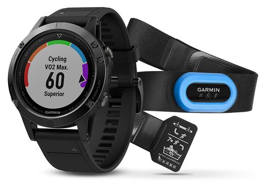 Умные мужские спортивные часы Garmin Fenix 5 Sapphire - черные с черным ремешком и и HRM-Tri 010-01688-32