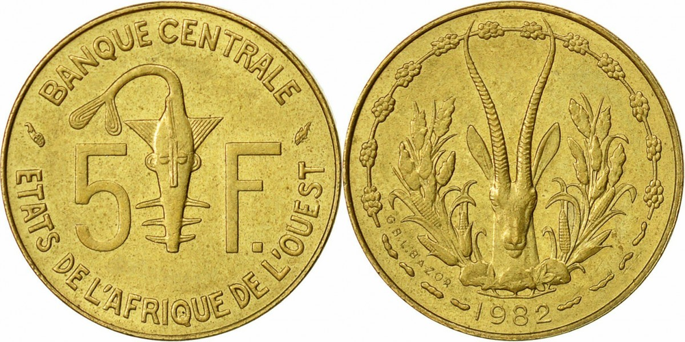 Западная Африка (BCEAO) 5 франков, 1965-2023 Газель UNC