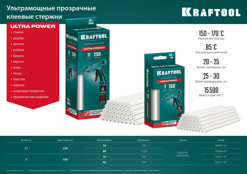 KRAFTOOL Ultra Power, 11 х 250 мм, 10 шт, ультрамощные, прозрачные, клеевые стержни (06848-10)
