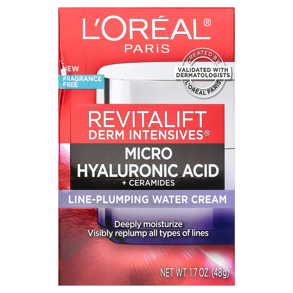 L'Oréal, микрогиалуроновая кислота с керамидами, водный крем для разглаживания морщин, 48 г (1,7 унции)
