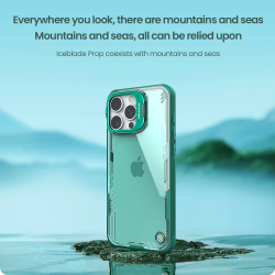 Чехол зеленого цвета от Nillkin с металлической крышкой на iPhone 16 Pro Max, серия Iceblade Prop Case (Hollow Version) (версия с открытой камерой)