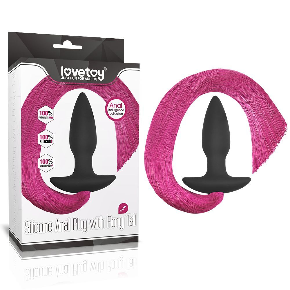 Черная анальная пробка с розовым хвостом Silicone Anal Plug with Pony Tail (Цвет: черный с розовым)