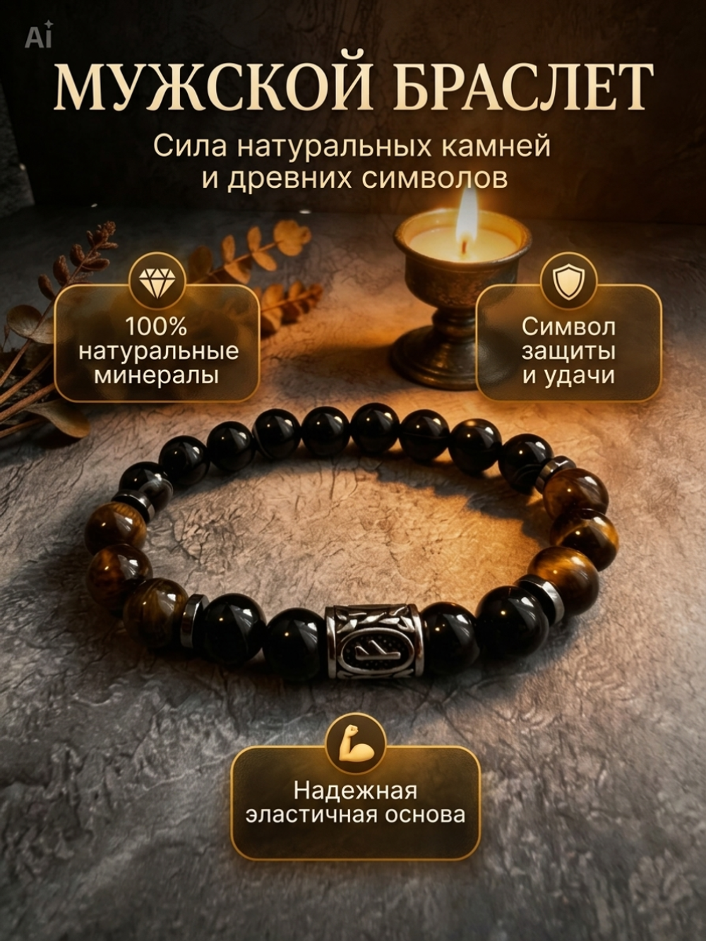 Браслет из натуральных камней агат с руной Феху