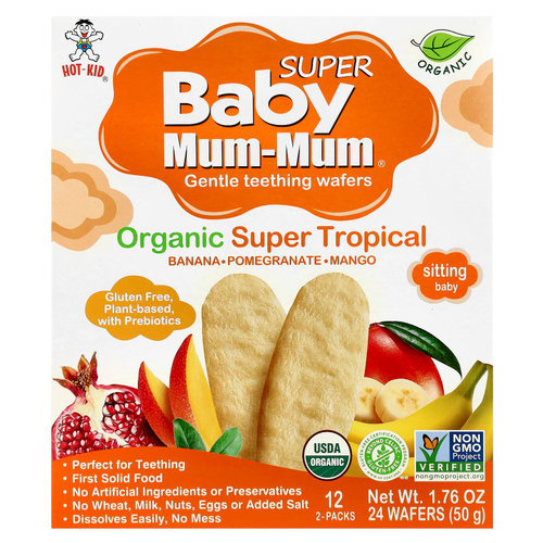 Hot Kid, Baby Mum-Mum® Super, нежные вафли для прорезывания зубов, для малышей, органические тропические фрукты, 12 пакетиков по 2 вафли