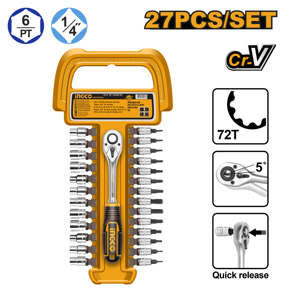 Набор торцевых головок с трещоткой INGCO HKTS14271 INDUSTRIAL 1/4" 4-14 мм 27 шт. Набор торцевых головок с трещоткой INGCO HKTS14271 INDUSTRIAL 1/4" 4-14 мм 27 шт.