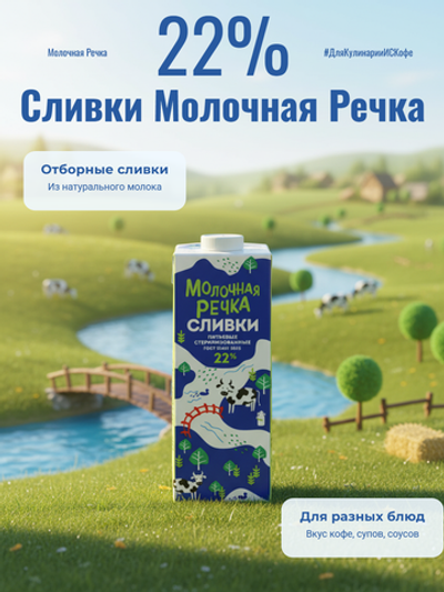 Сливки питьевые жир. 22% "Молочная речка" 1 кг