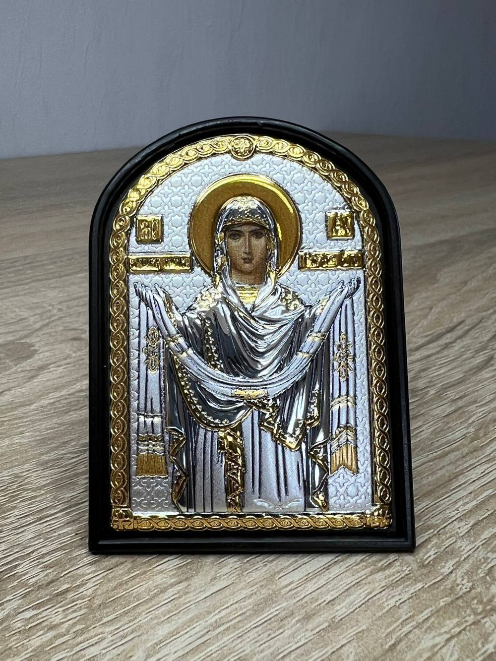 Покрова БМ, икона арочная, пластик коричневый 62x88