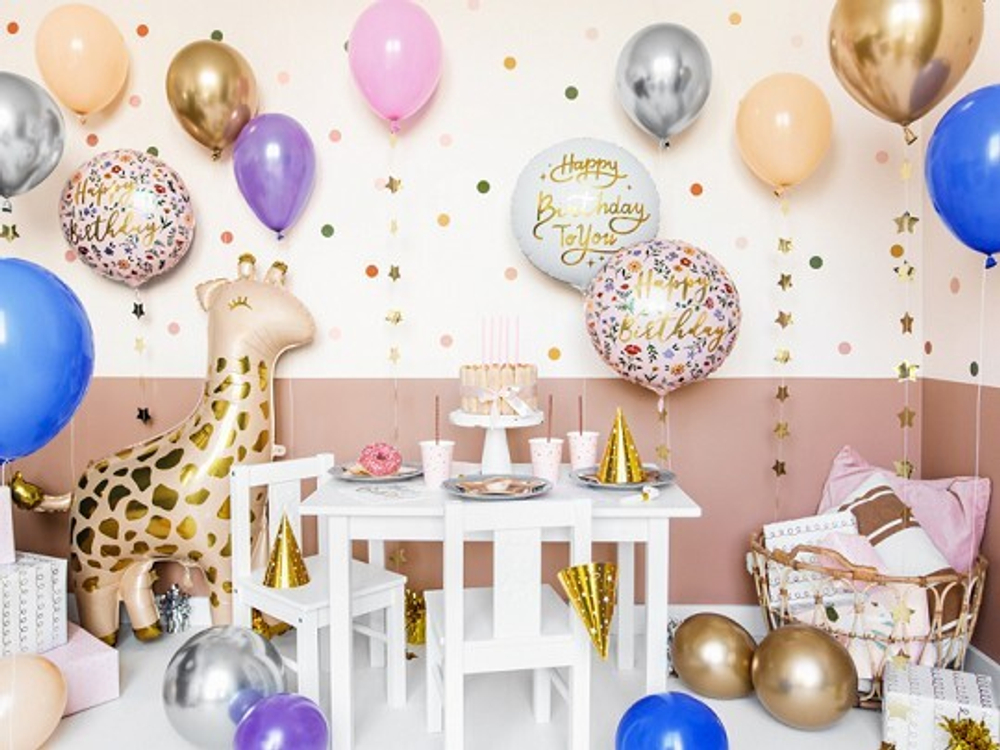 Шар круглый "С Днем Рождения" [Happy Birthday] (цветы) (35 см)