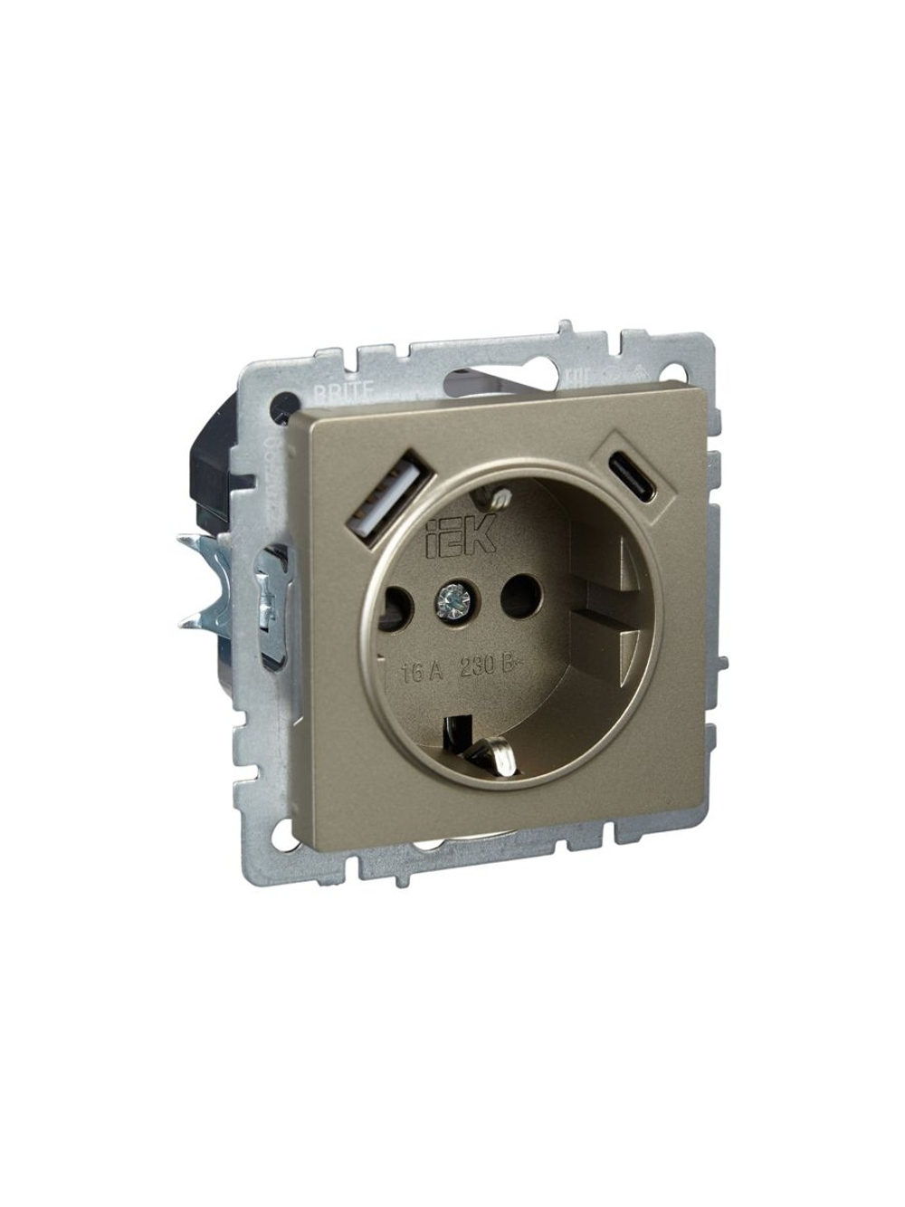 Розетка BRITE РЮш11-1-БрШ 16А с USB A+C 18Вт с заземл. защ. шторки механизм шампань IEK BR-R14-16-U22-018-K37