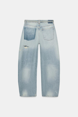 ZARA ДЖИНСЫ TRF BAGGY СО СРЕДНЕЙ ПОСАДКОЙ, ПОЯСОМ И РАЗРЕЗАМИ, ГОЛУБОЙ