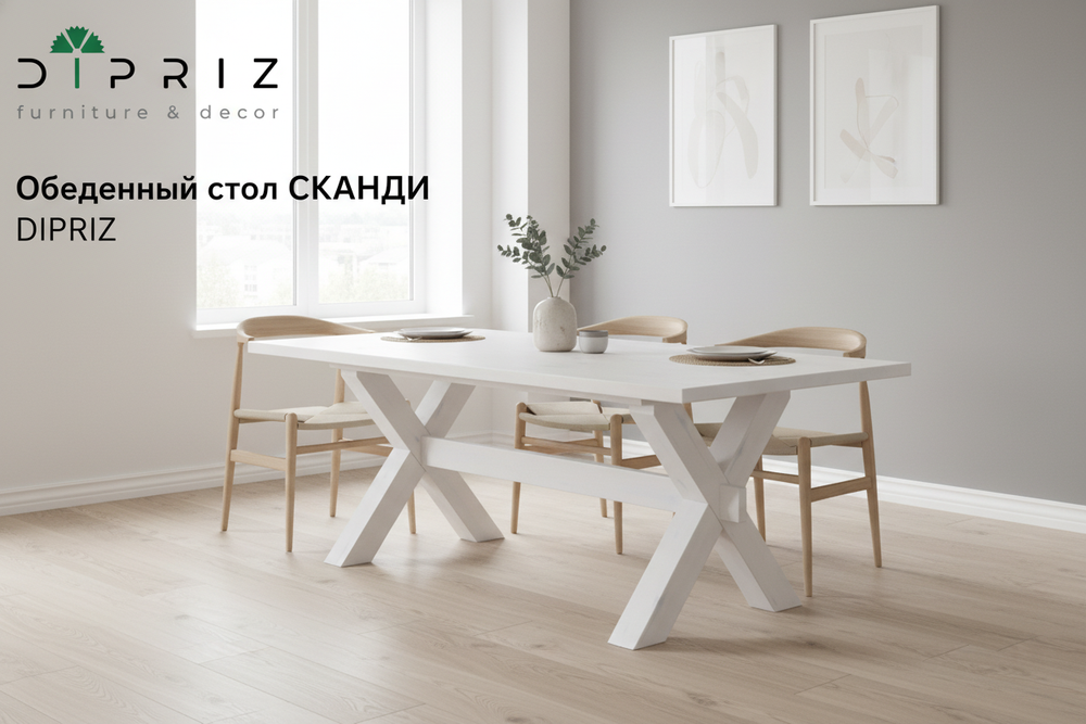 Обеденный стол "Сканди" из массива сосны, белый - Диприз