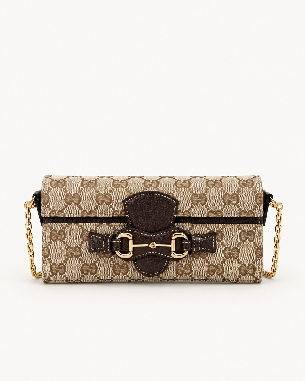 Бежевая женская сумка Gucci Horsebit с коричневой отделкой и золотистой цепочкой