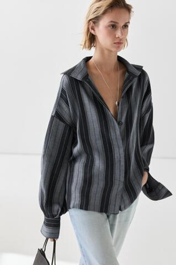 Massimo Dutti Струящаяся рубашка из хлопка и льна в полоску, синий