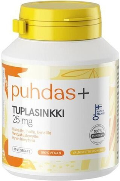 Двойной цинк Puhdas+ Duplazinkki 25 мг 22 г/ 60 капсул (Из Финляндии)