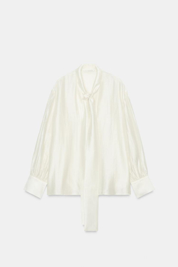 ZARA АТЛАСНАЯ РУБАШКА С ПЛАТКОМ — ZW COLLECTION, ЖЕЛТОВАТО-БЕЛЫЙ