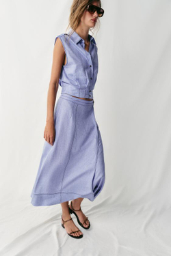 ZARA ТОП ИЗ СМЕСОВОГО ЛЬНА С КОНТРАСТНОЙ СТРОЧКОЙ, ГОЛУБОЙ