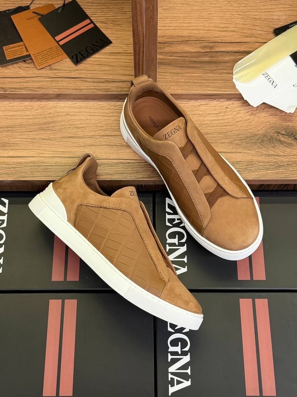 Кеды Zegna Triple Stitch с вставками кожи крокодила