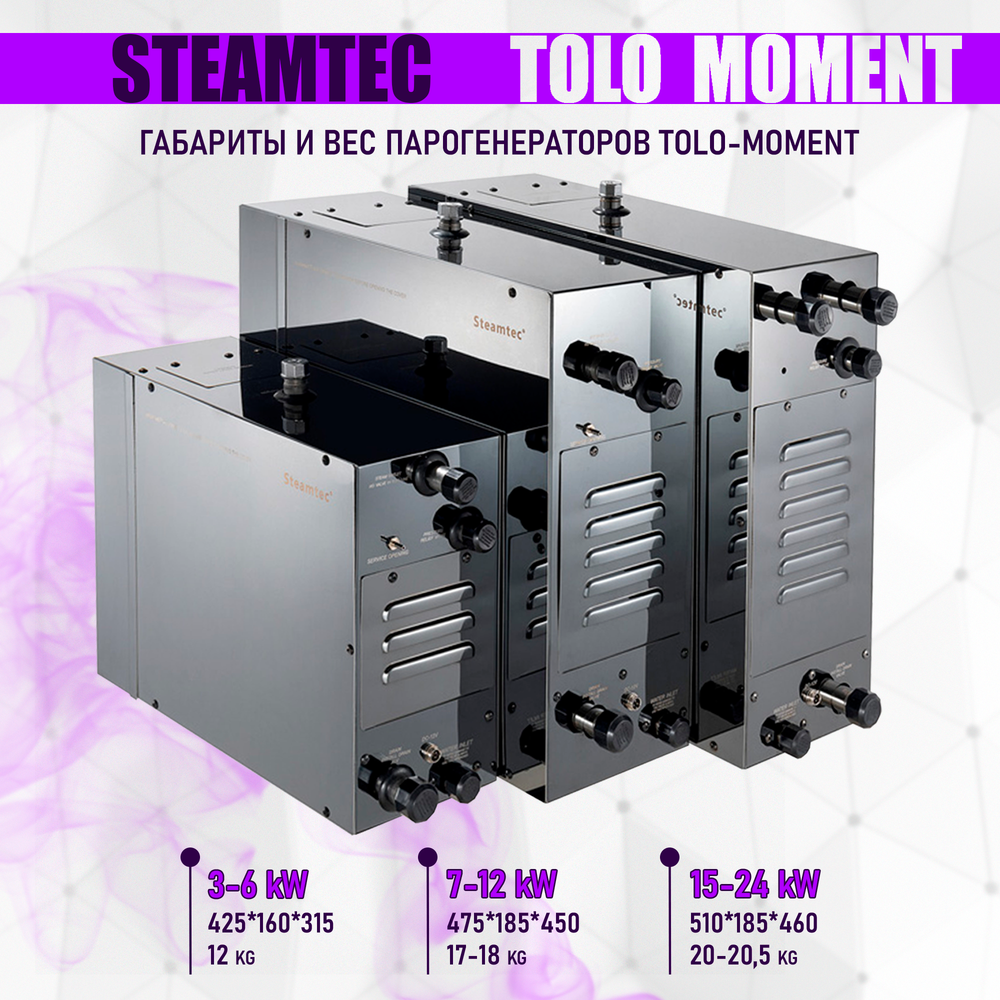 Steamtec TOLO MOMENT 120 - 12 кВт парогенераторы для хамама и турецкой бани / Серия PLATINUM со встроенной музыкой, пультом на 9-ти языках и возможностью монтажа без термодатчиков